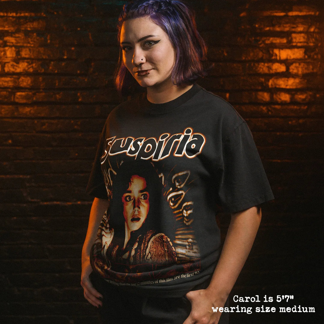 Model wearing heavy tee with suspiria graphic 