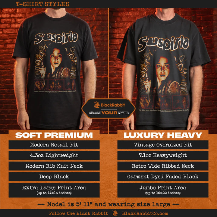 Two black t-shirts of different styles featuring a ’Suspiria’ graphic.