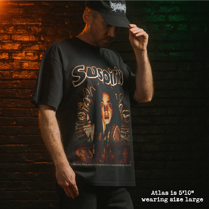 Model wearing heavy tee with suspiria graphic 