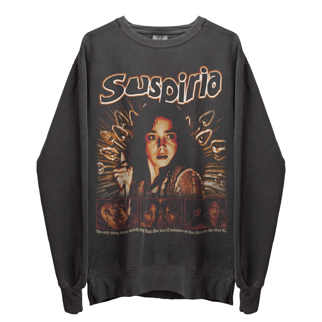 Dark grey long-sleeved sweatshirt with a ’Suspiria’ graphic print.