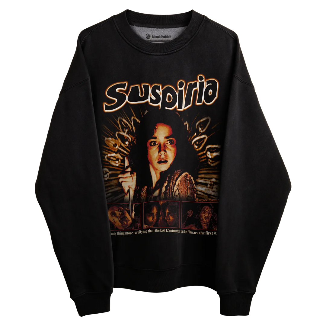 Black suspiria sweatshirt with graphic design featuring a woman and snakes.