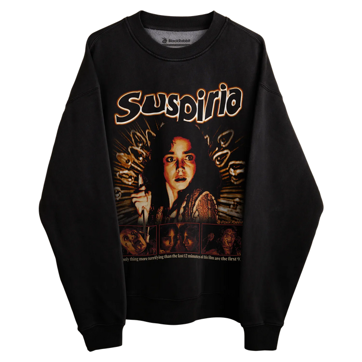 Black suspiria sweatshirt with graphic design featuring a woman and snakes.