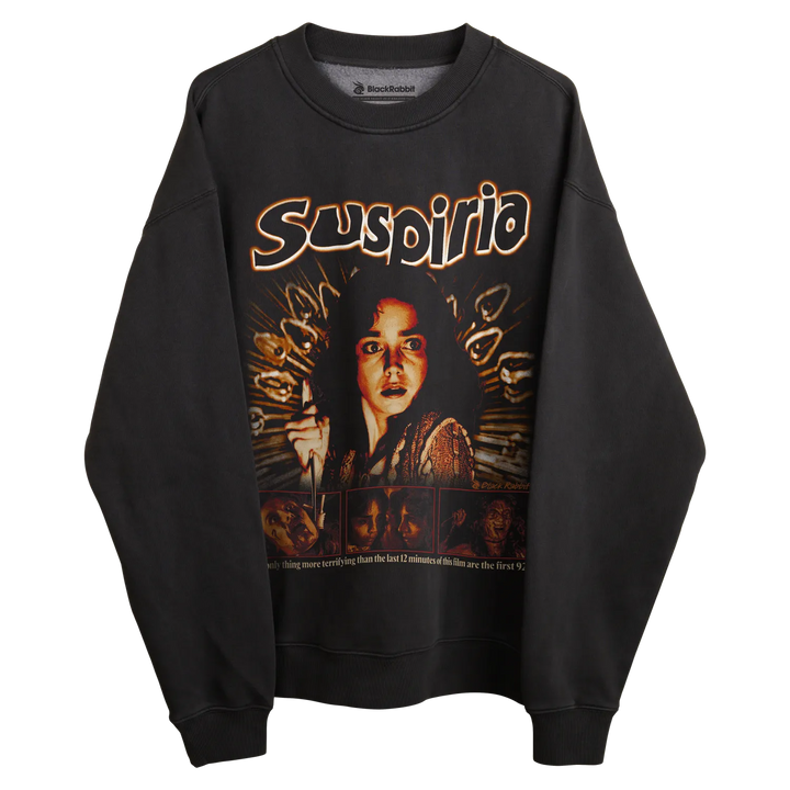 Black ’suspiria’ sweatshirt with snake design and text.