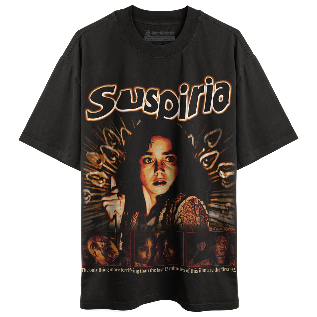 Black t-shirt with a horror movie graphic.
