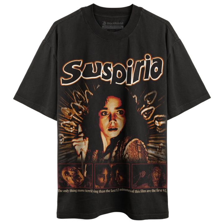 Black t-shirt with a horror movie graphic.