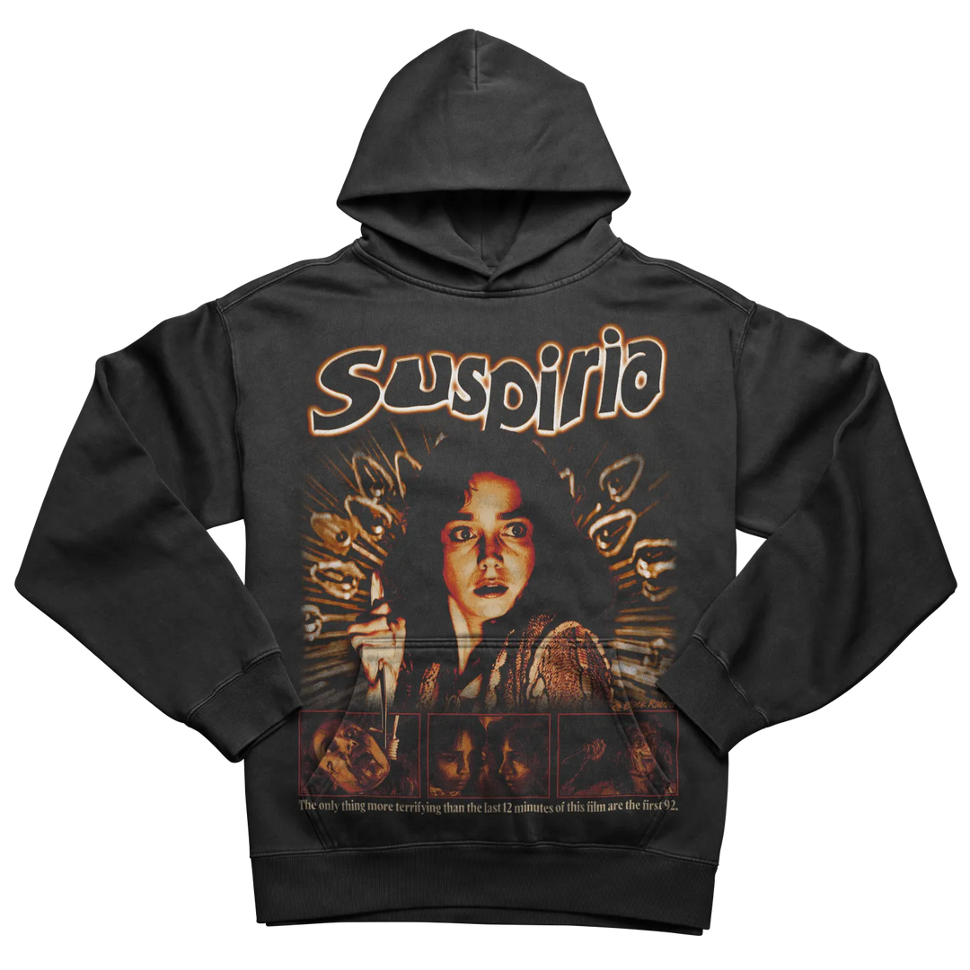 Dark gray hoodie with ’Suspiria’ graphic print.