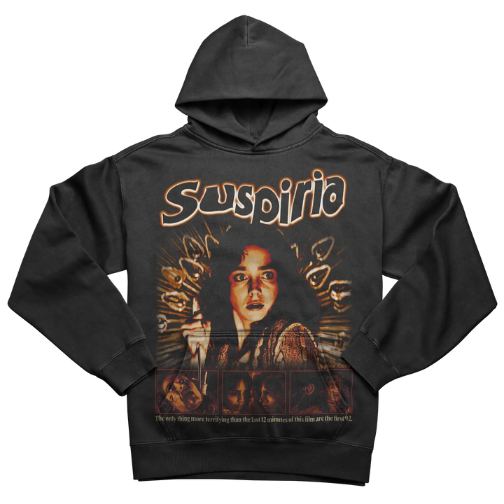 Dark gray hoodie with ’Suspiria’ graphic print.