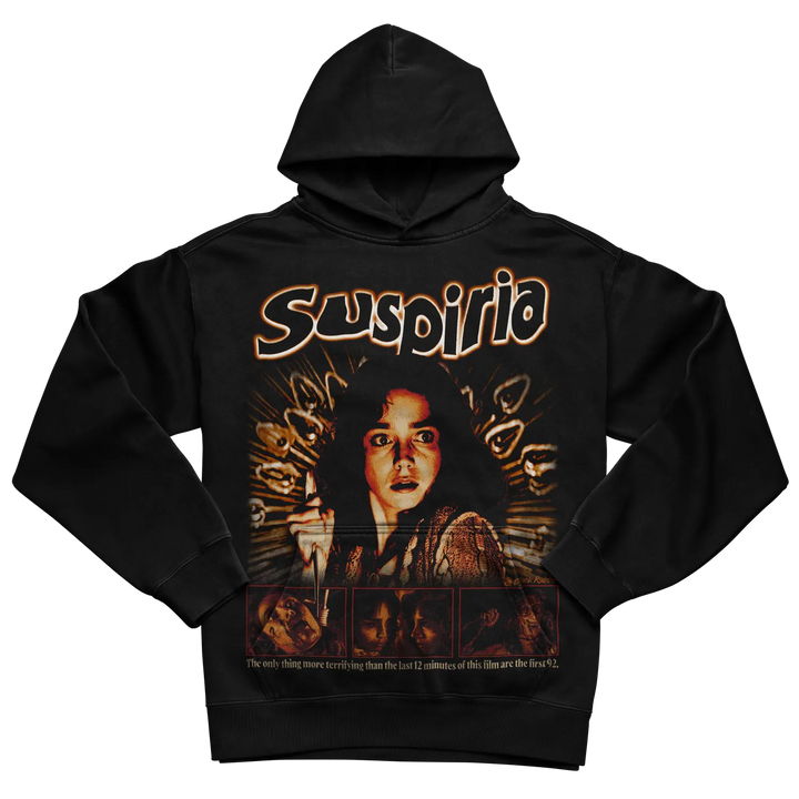 Black ’suspiria’ hoodie with graphic design featuring a woman’s face and text.
