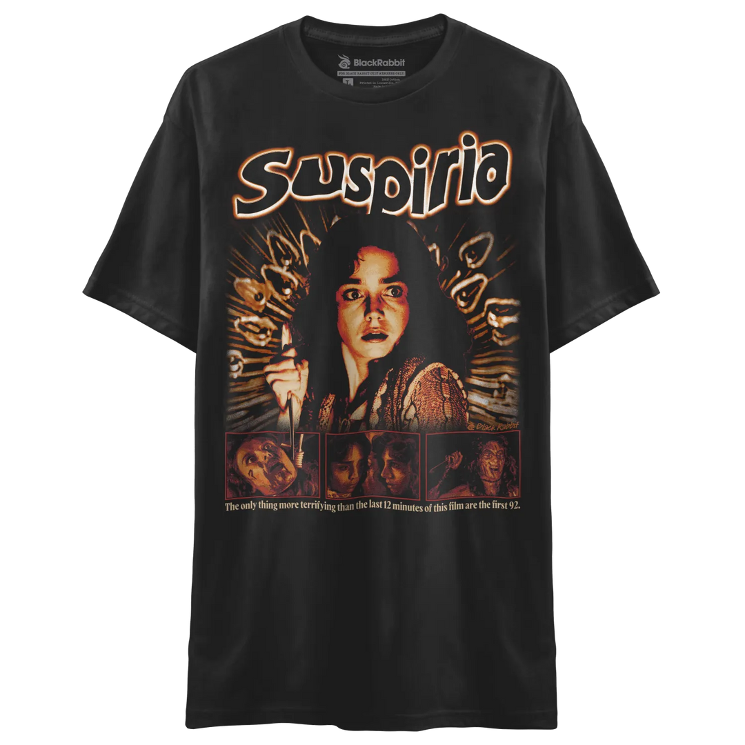 Black short-sleeved t-shirt with a ’Suspiria’ movie poster design.
