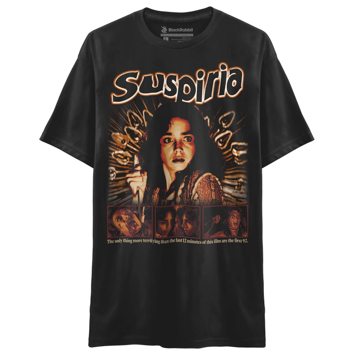 Black short-sleeved t-shirt with a ’Suspiria’ movie poster design.
