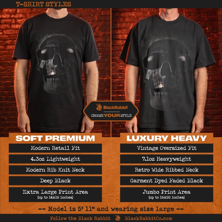 Black skull t-shirt with retro wide ribbed neck and jumbo print area.