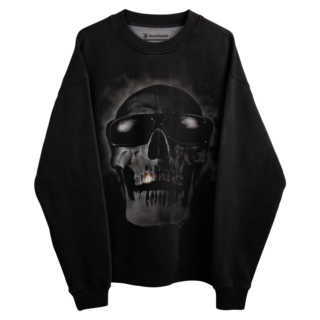 Black skull sweatshirt with sunglasses design