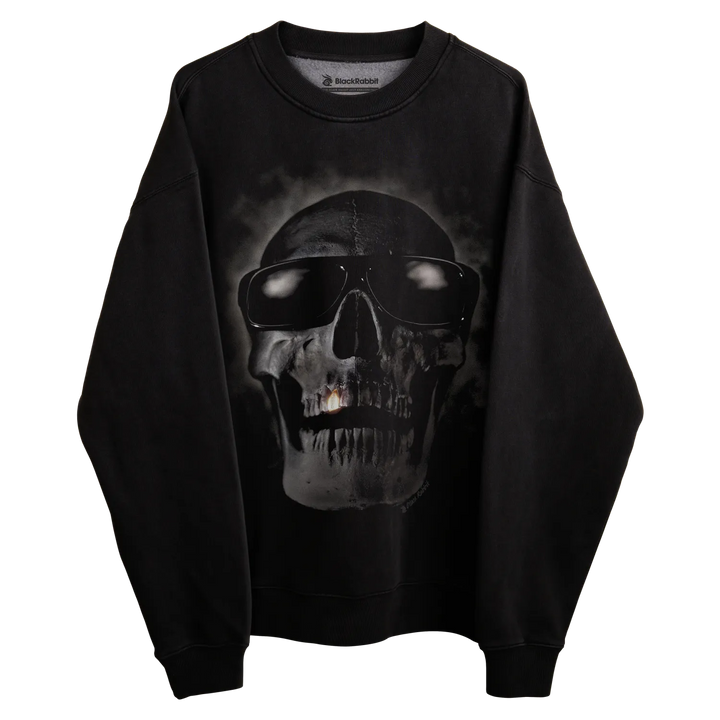 Black skull sweatshirt with sunglasses design