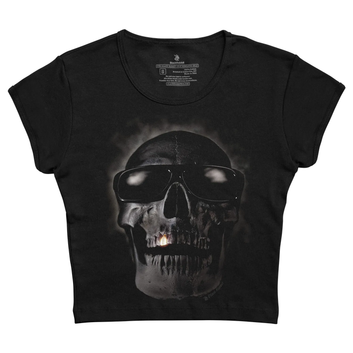 Black short-sleeved t-shirt featuring a detailed grayscale skull wearing sunglasses with glowing eyes and a lit cigarette in its mouth.