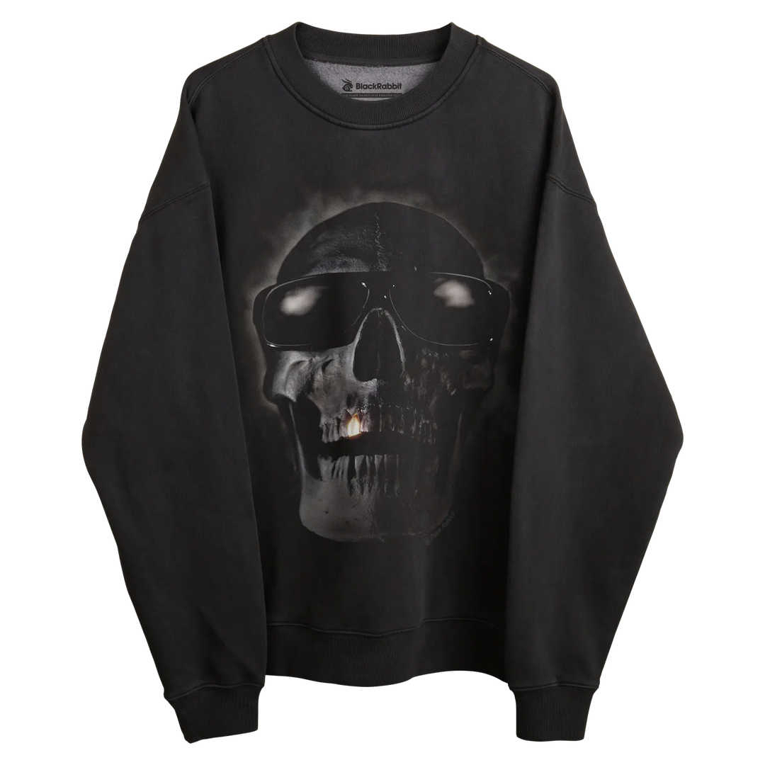 Black skull sweatshirt with sunglasses design, cotton material.