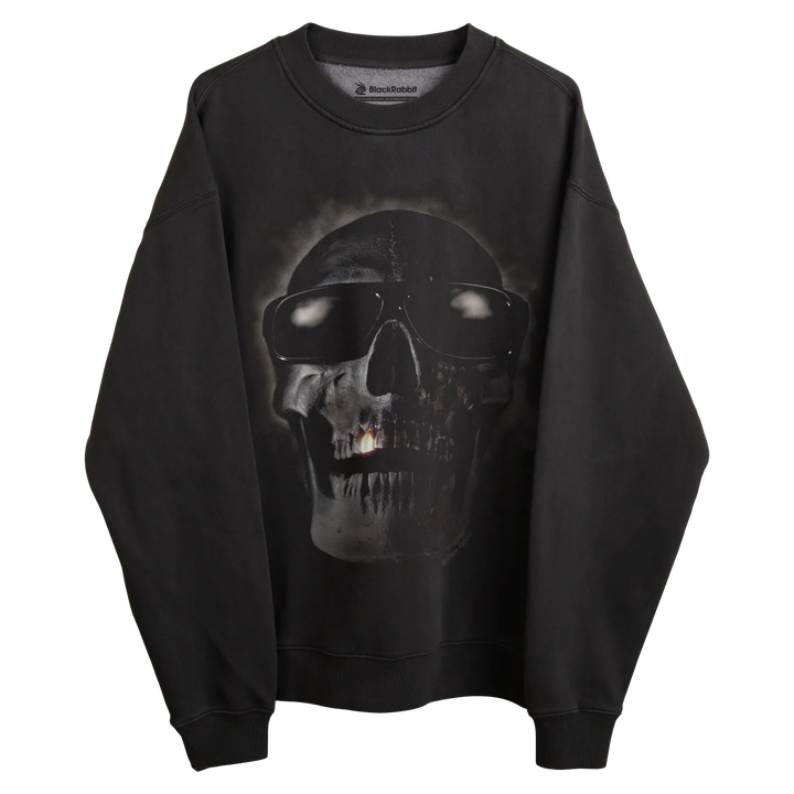 Black skull sweatshirt with sunglasses design, cotton material.