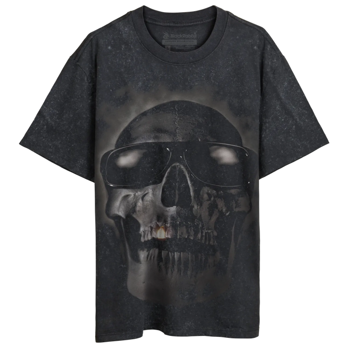 Black skull graphic tee shirt with distressed texture and dark wash design.