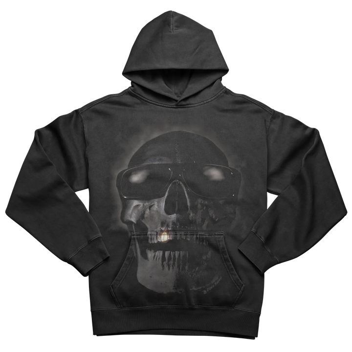 Black skull hoodie with reflective details and hood.