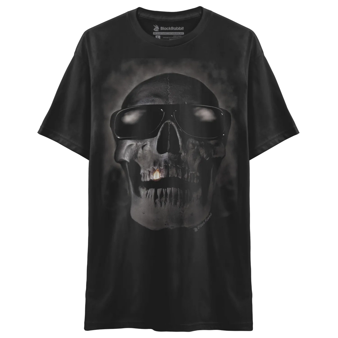 Black skull t-shirt with sunglasses design, dark gray material.