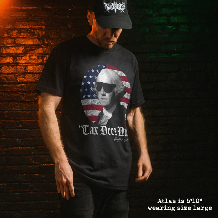 Male model wear soft premium tee with tax deez nuts graphic
