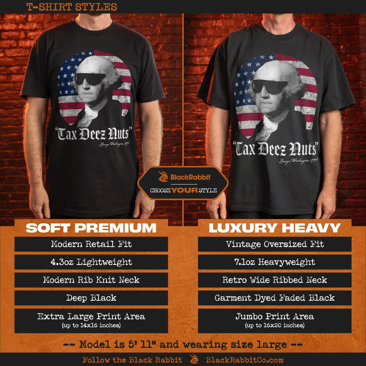 Black t-shirt with ’tax deez nuts’ design featuring george washington, american flag background, and retro wide ribbed neck.