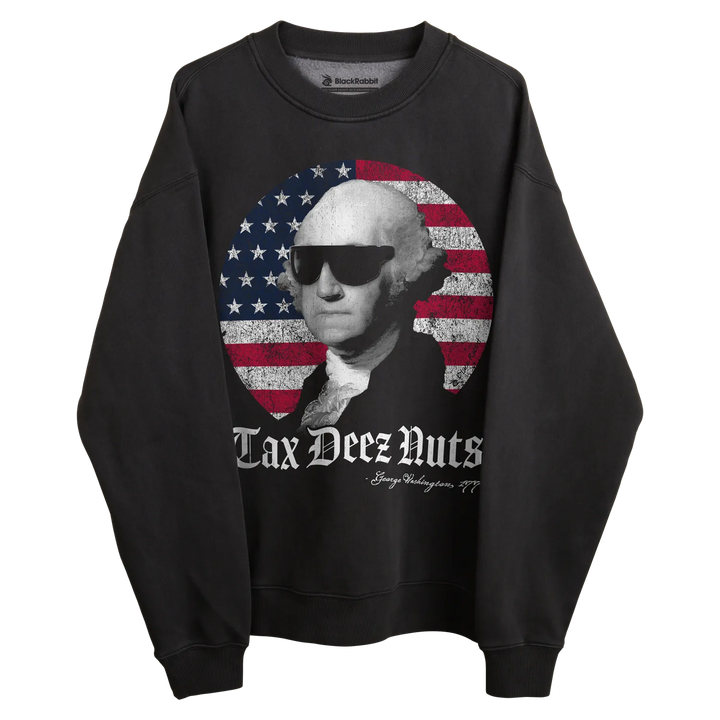 Charcoal gray long-sleeved sweatshirt with george washington graphic and american flag design.