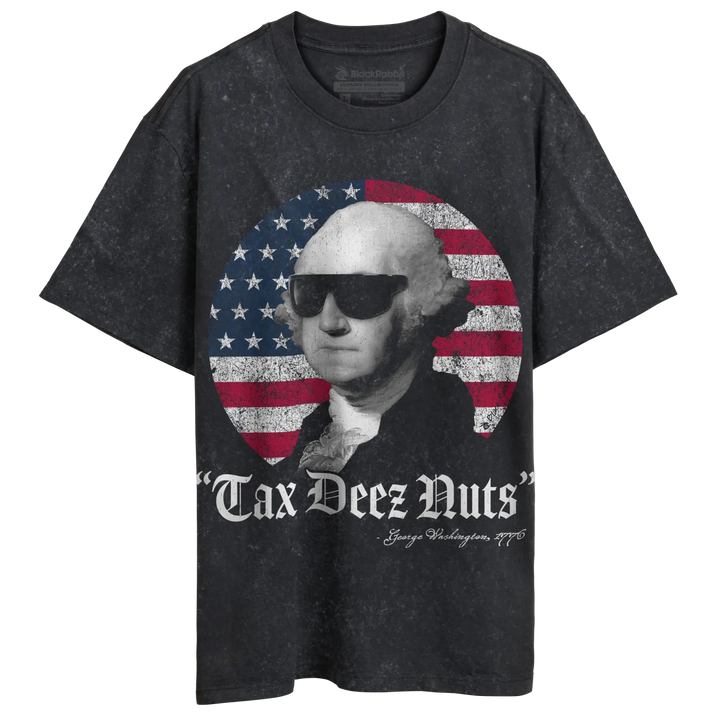 Charcoal gray george washington t-shirt with american flag design and sunglasses, ’tax deez nuts’ slogan.