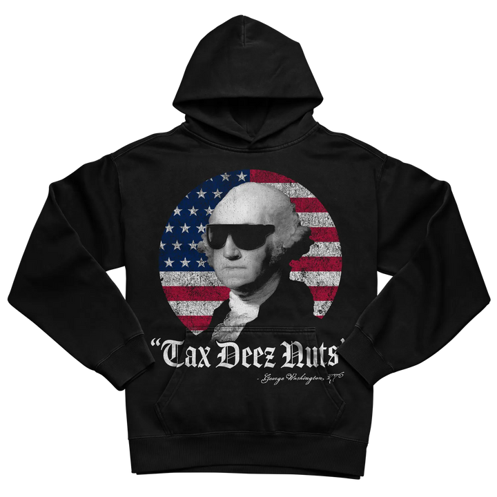 Black hoodie with george washington graphic and american flag design.