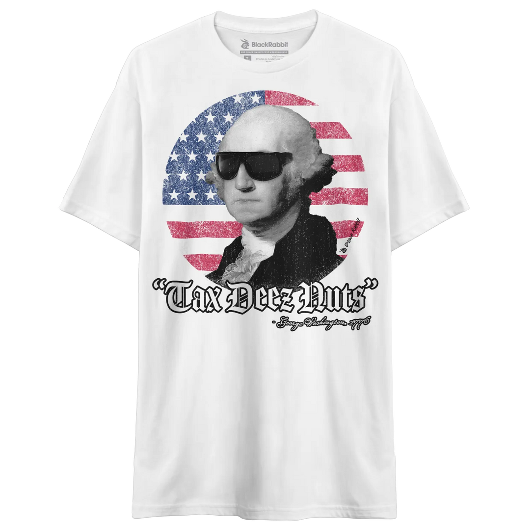 White t-shirt with george washington graphic and sunglasses design.