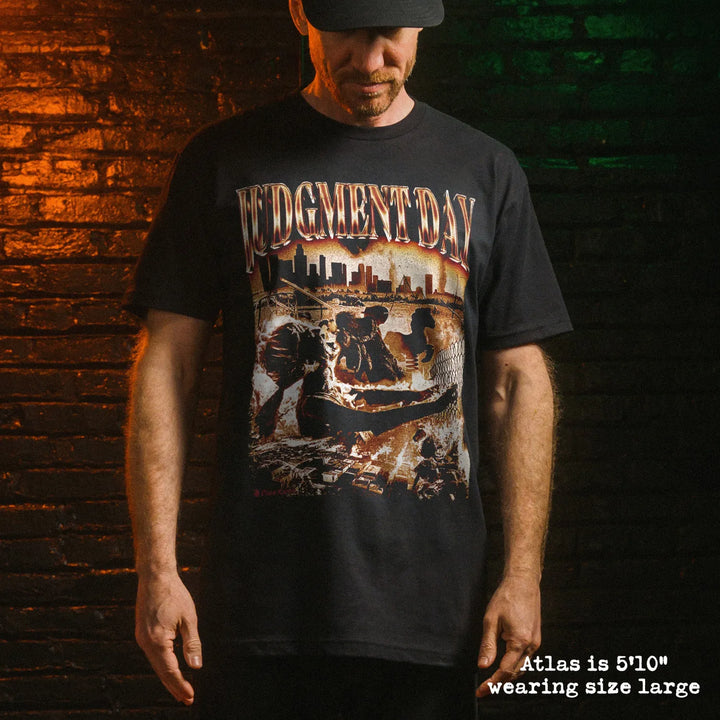 Male model wear soft premium tee with judgment day graphic
