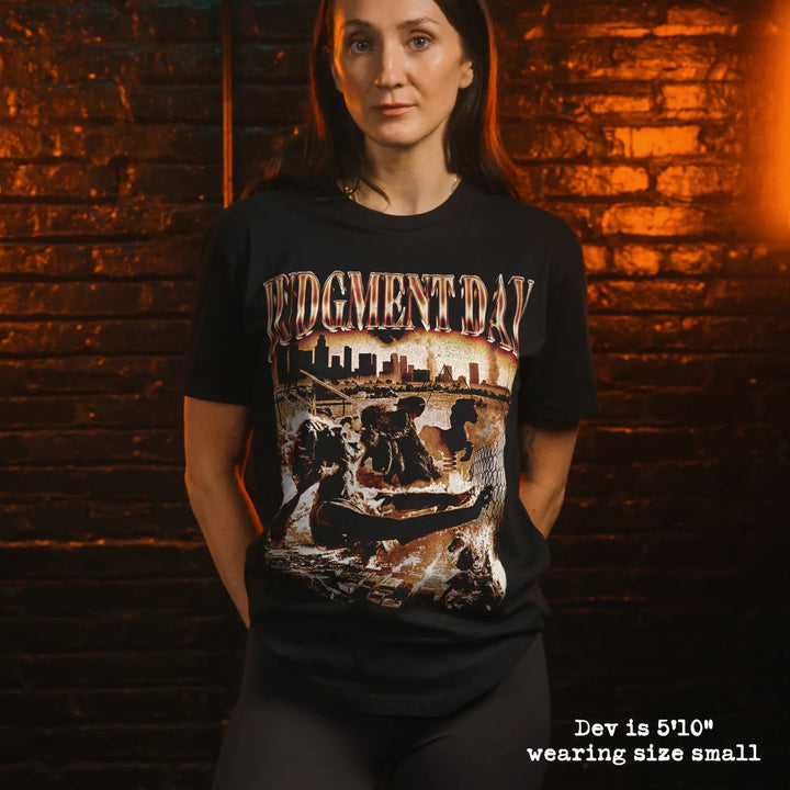 model wear soft premium tee with judgment day graphic
