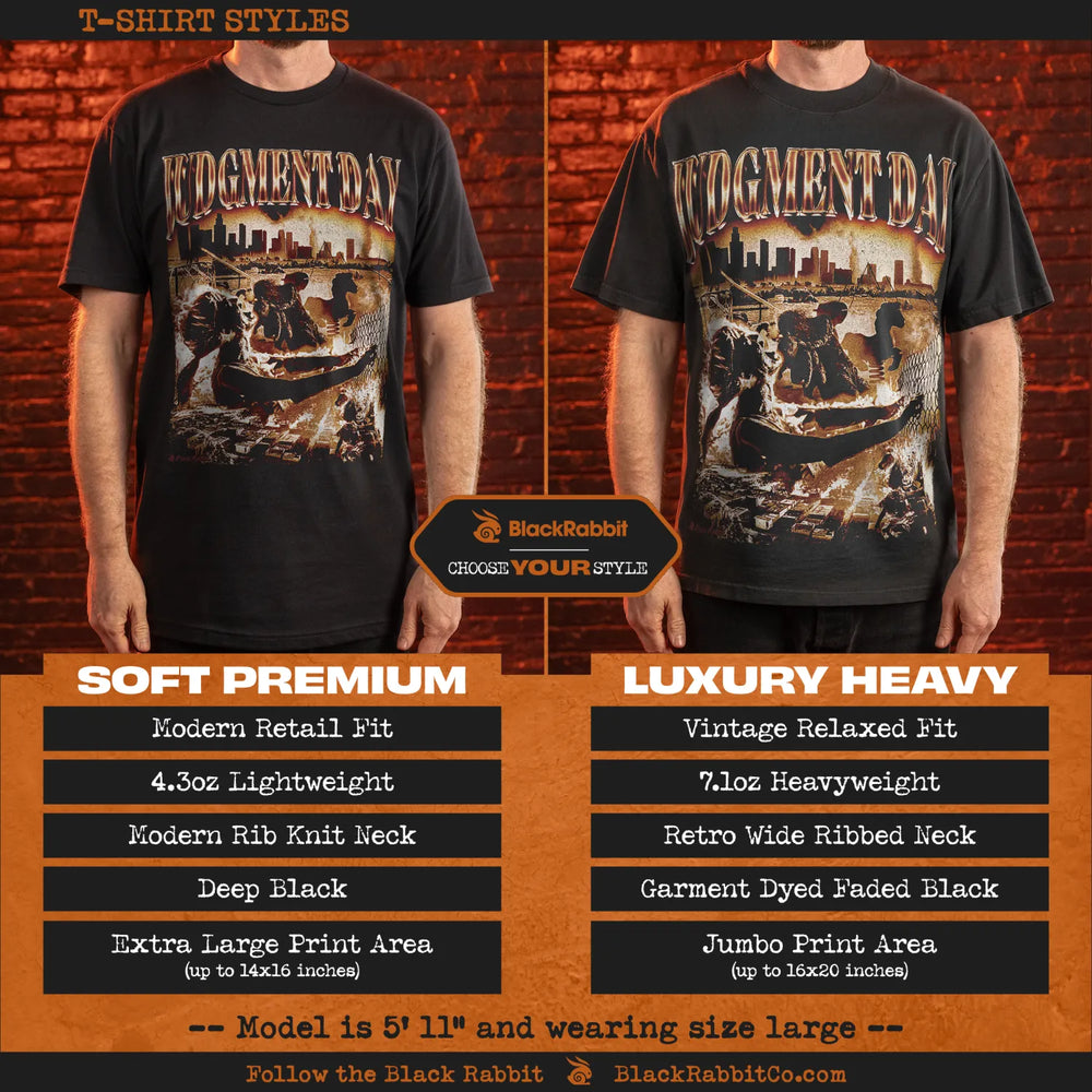 Two black t-shirts with ’Judgment Day’ graphic.