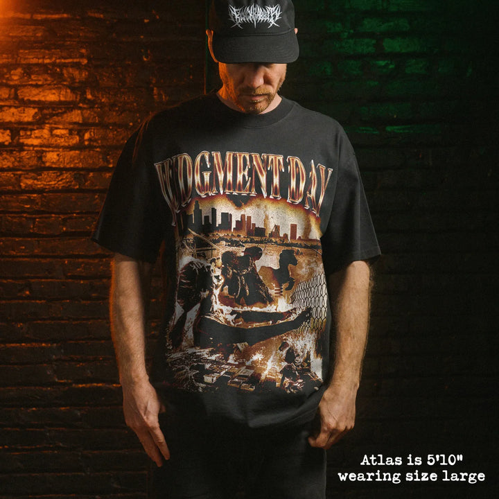 Model wearing heavy tee with judgment day graphic 