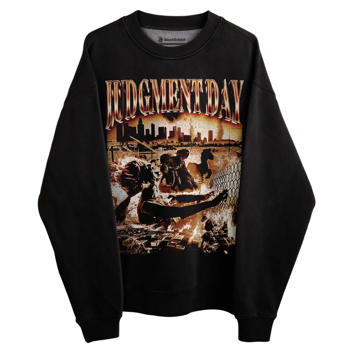 Black sweatshirt with ’judgment day’ graphic design featuring a cityscape and figures, likely made of cotton or polyester blend.