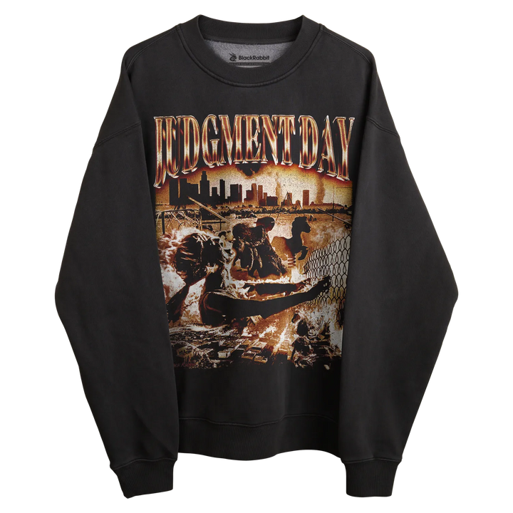 Black sweatshirt with ’judgment day’ graphic design featuring a cityscape and figures, likely made of cotton or polyester blend.
