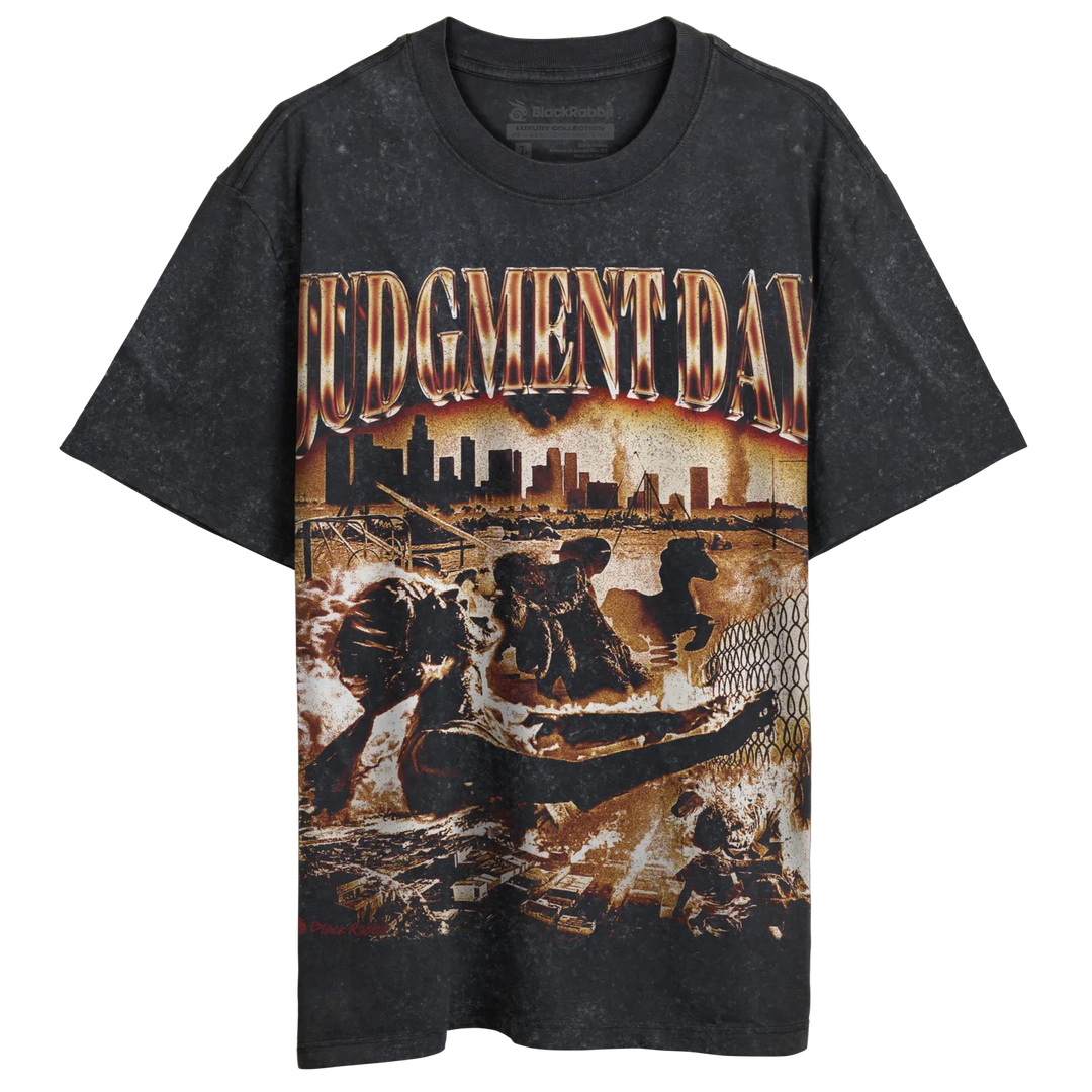 Black distressed graphic tee with ’judgment day’ text and apocalyptic imagery.