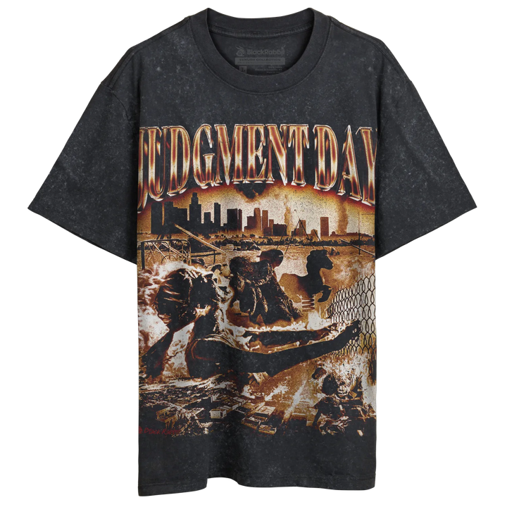 Black distressed graphic tee with ’judgment day’ text and apocalyptic imagery.
