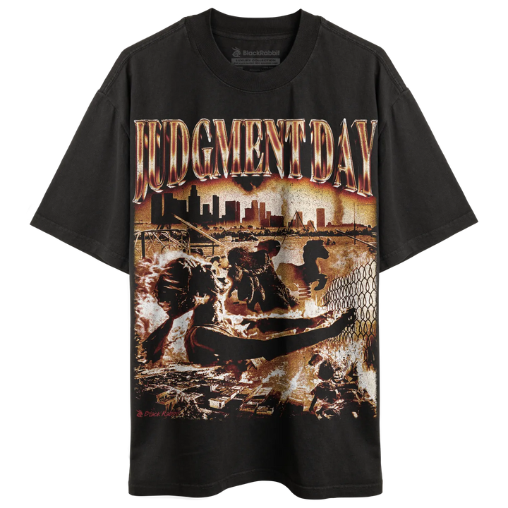 Black t-shirt with ’judgment day’ graphic design featuring a dystopian cityscape and figures in distress.
