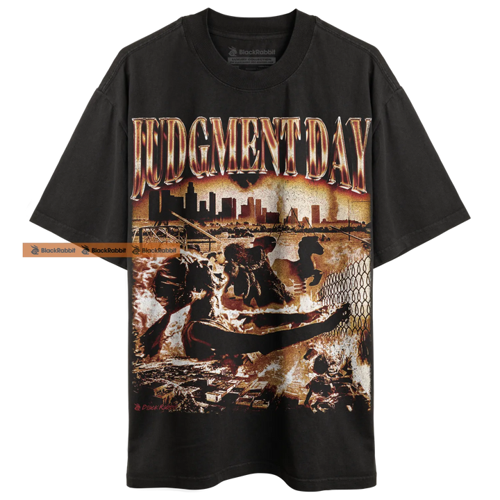 Black graphic t-shirt.