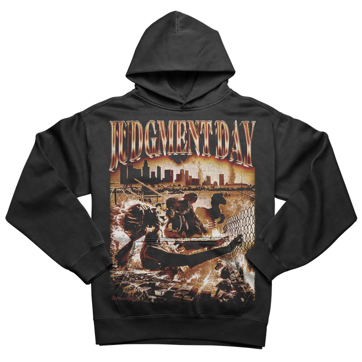 Black hoodie with ’judgment day’ graphic design featuring a cityscape and figures in water.