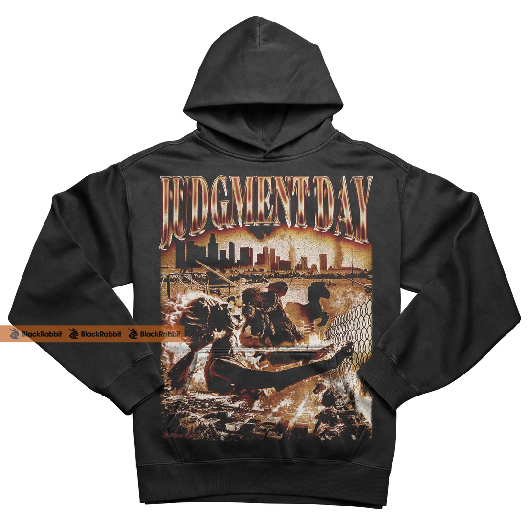 Black hooded sweatshirt with graphic print.