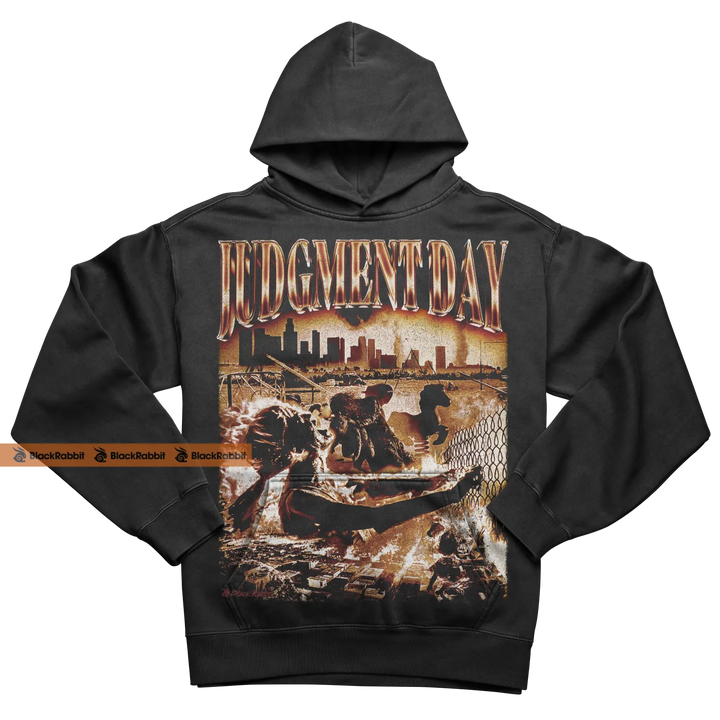 Black hooded sweatshirt with graphic print.
