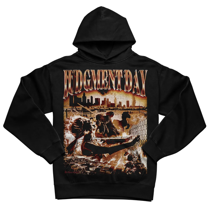 Black hoodie with ’judgment day’ graphic design featuring a cityscape and figures in a boat, made of cotton.