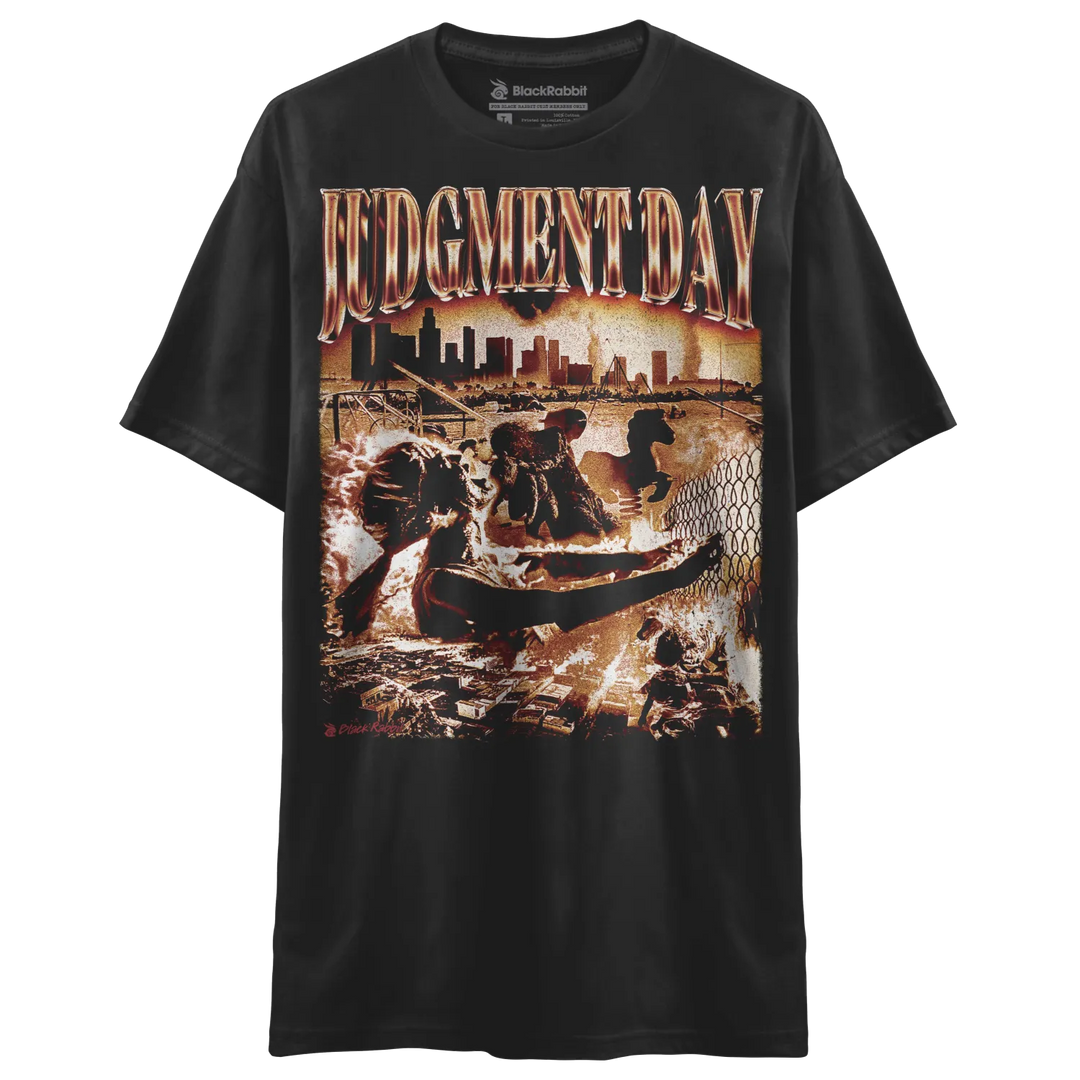 Black t-shirt with ’judgment day’ graphic design featuring a group of people in water and city skyline, made from cotton.