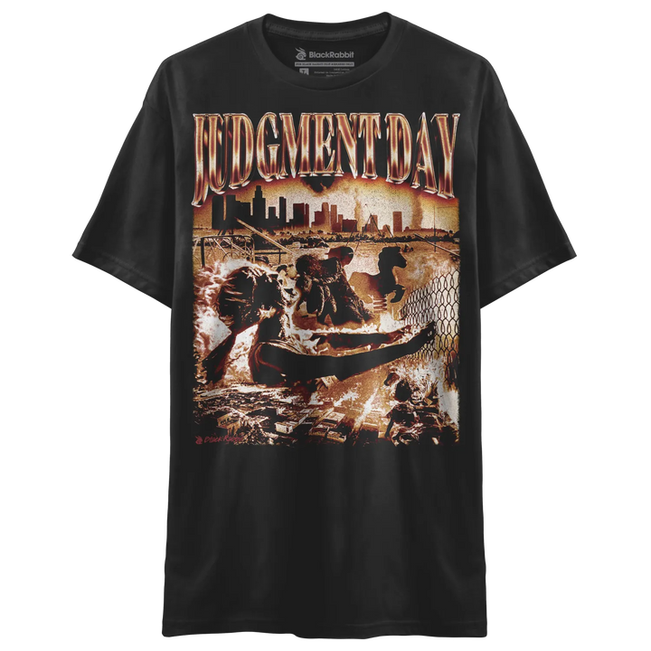 Black t-shirt with ’judgment day’ graphic design featuring a group of people in water and city skyline, made from cotton.