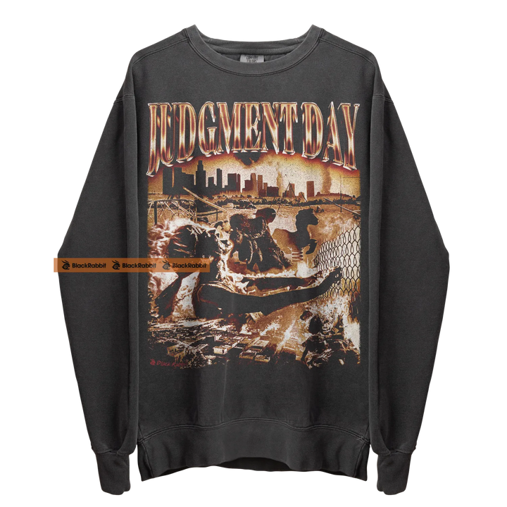 Gray sweatshirt with ’Judgment Day’ graphic.