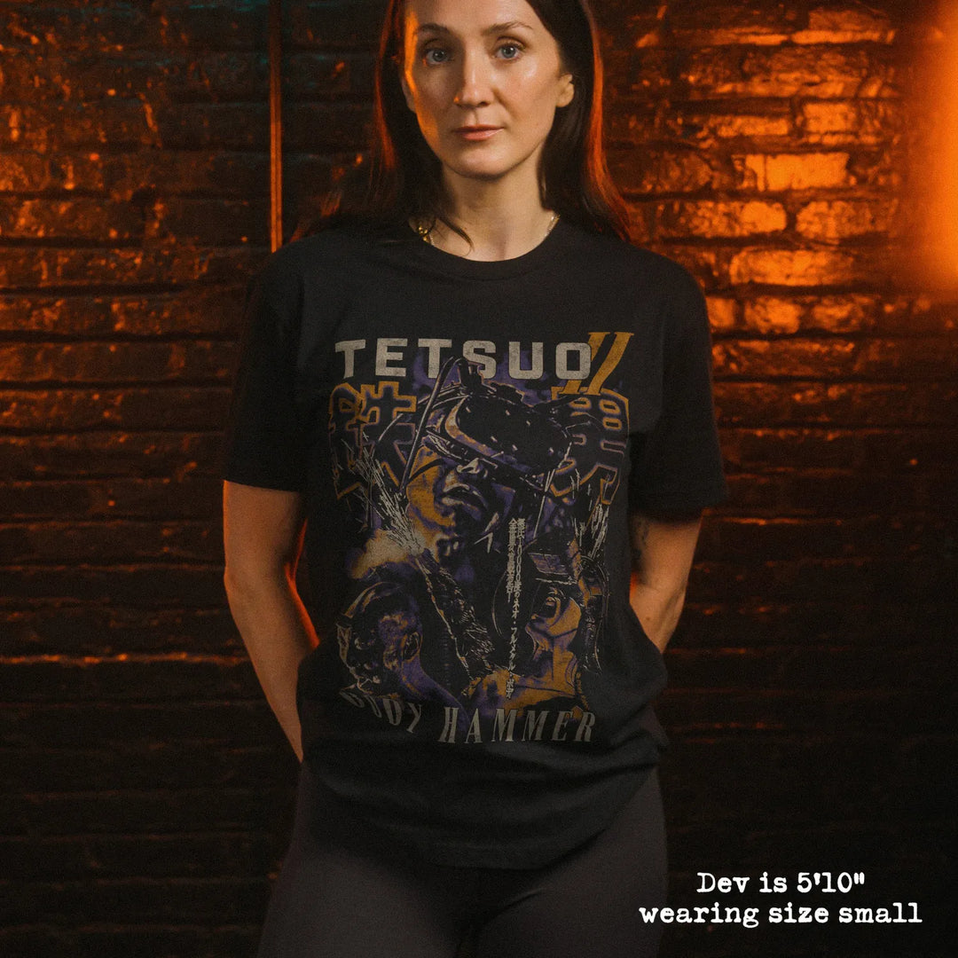 model wear soft premium tee with tetsuo II graphic
