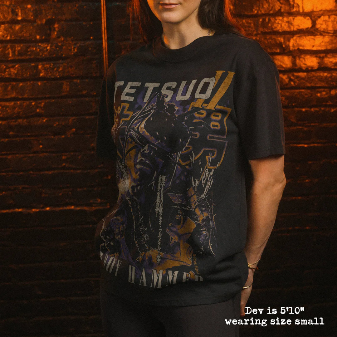Model wearing heavy tee with tetsuo II graphic 