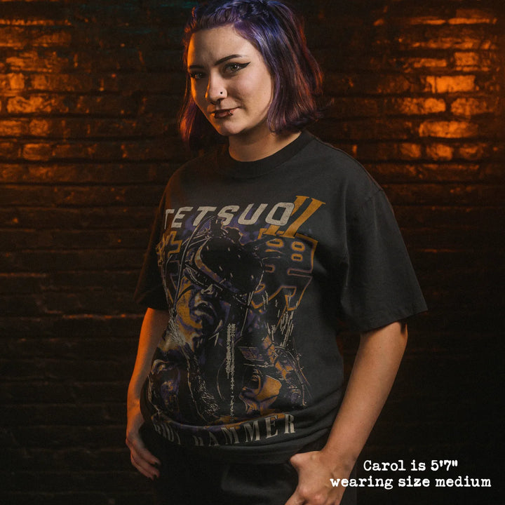 Model wearing heavy tee with tetsuo II graphic 