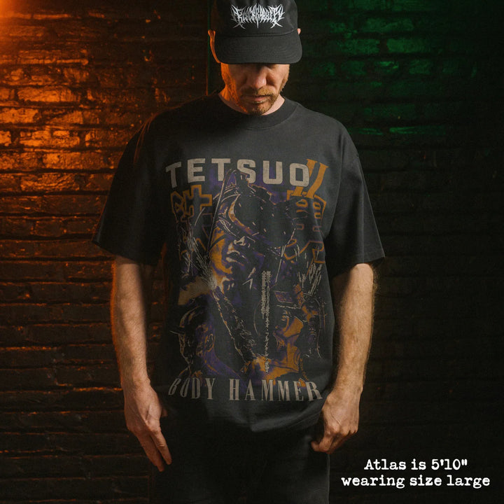 Model wearing heavy tee with tetsuo II graphic 